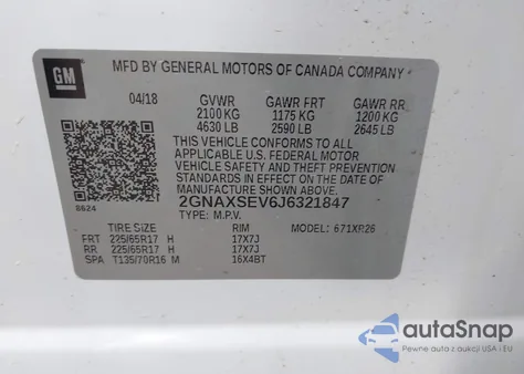 2018 Chevrolet Equinox Lt z USA, uszkodzony, nr VIN 2GNAXSEV6J6321847